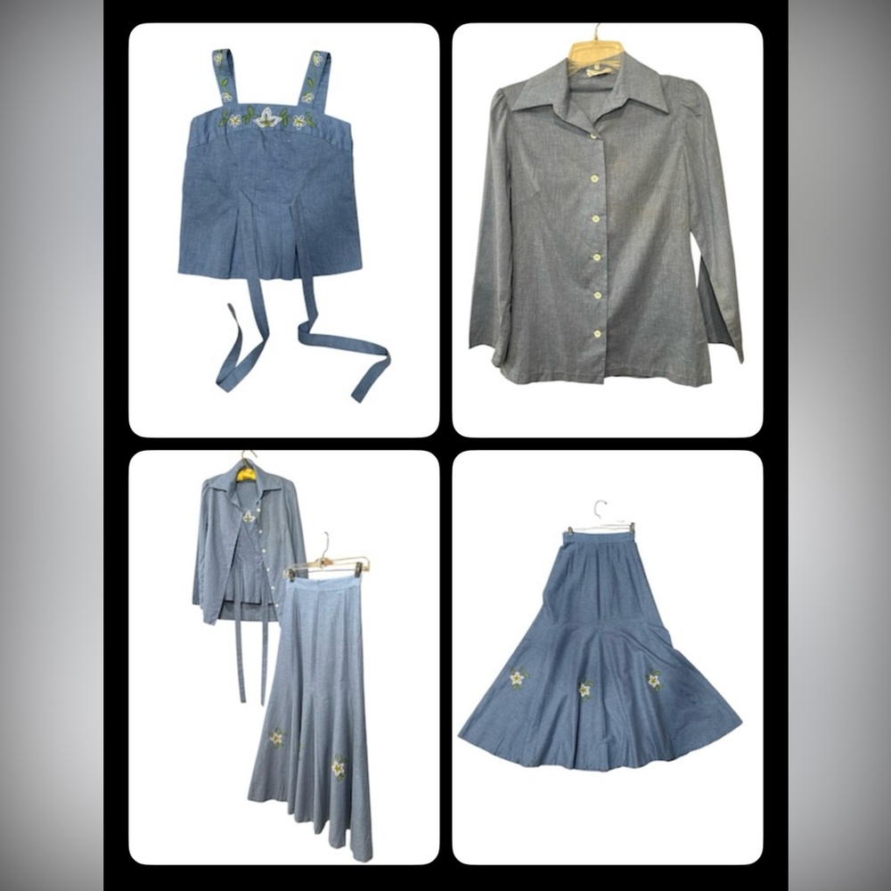 Vintage Blue 3 pc Embroidered Skirt + Blouse Set Ms Biz San Francisco Rare Sm Xs
